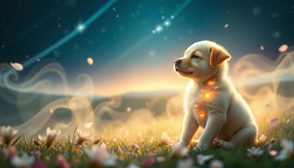 A serene and dreamlike scene depicting a spiritual puppy in a lush, ethereal landscape. In the foreground, a young puppy with a glowing aura sits peacefully, its eyes closed in meditative focus. Swirling mists and shimmering energy fields surround the puppy, conveying a sense of transcendent otherworldliness. In the middle ground, delicate flower petals drift through the air, adding to the tranquil, mystical atmosphere. The background features a starry night sky, with ribbons of celestial light arcing across the horizon, symbolizing the puppy's connection to the divine. Soft, diffused lighting bathes the entire scene in a warm, soothing glow, evoking a sense of inner peace and enlightenment.