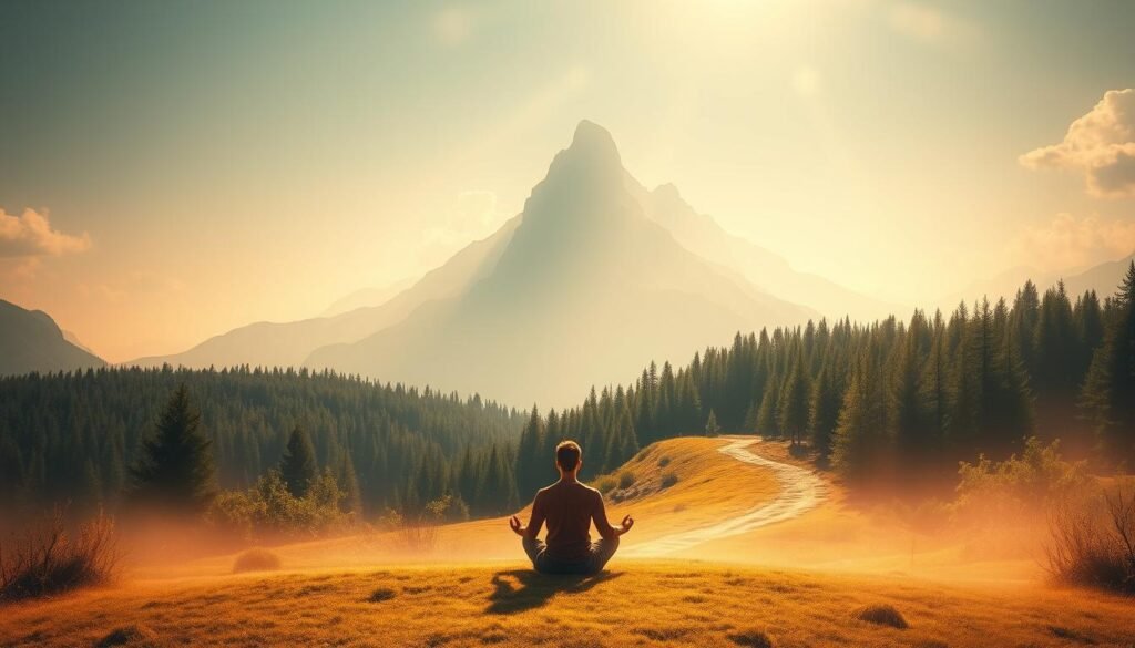 A serene and ethereal dream landscape, bathed in soft, warm light. In the foreground, a figure sits in a meditative pose, their aura radiating a sense of inner peace and spiritual awakening. The middle ground features a winding path leading into a lush, verdant forest, symbolizing the journey of personal growth. In the background, a majestic mountainscape rises, its peaks touching the heavens, conveying a sense of the divine and the infinite. The overall atmosphere is one of tranquility, introspection, and a deep connection to the spiritual realm.