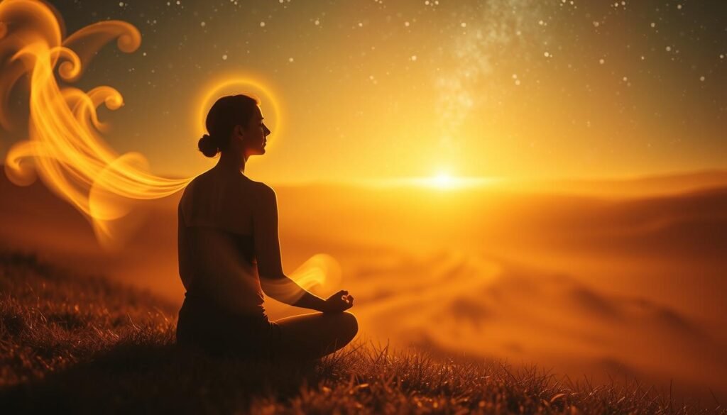 A serene and ethereal dreamscape unfolds, bathed in soft golden light. In the foreground, a figure sits in a meditative pose, their eyes closed as they are enveloped in a halo of spiritual energy. Wisps of translucent mist swirl around them, carrying the essence of transformation. In the middle ground, a winding path leads towards a distant, shimmering horizon, symbolizing the journey of self-discovery. The background is filled with a celestial landscape, where galaxies and constellations dance, guiding the viewer towards a deeper understanding of the subconscious. The overall atmosphere is one of profound introspection and a sense of revelation, inviting the viewer to embrace the changes that come with spiritual growth.