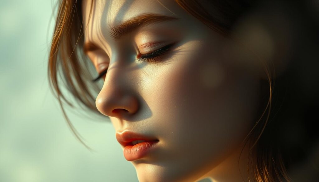 A serene and ethereal portrait of a young woman's face, her eyes closed in contemplation, reflecting the depths of her inner emotional landscape. The scene is bathed in soft, diffused lighting that casts gentle shadows, creating a dreamlike atmosphere. The woman's features are rendered with delicate precision, her expression conveying a sense of introspection and inner peace. The background is hazy and abstract, with muted tones and subtle textures that complement the pensive mood. The overall composition strikes a harmonious balance, inviting the viewer to engage with the subject's emotional dream reflection and visualization.