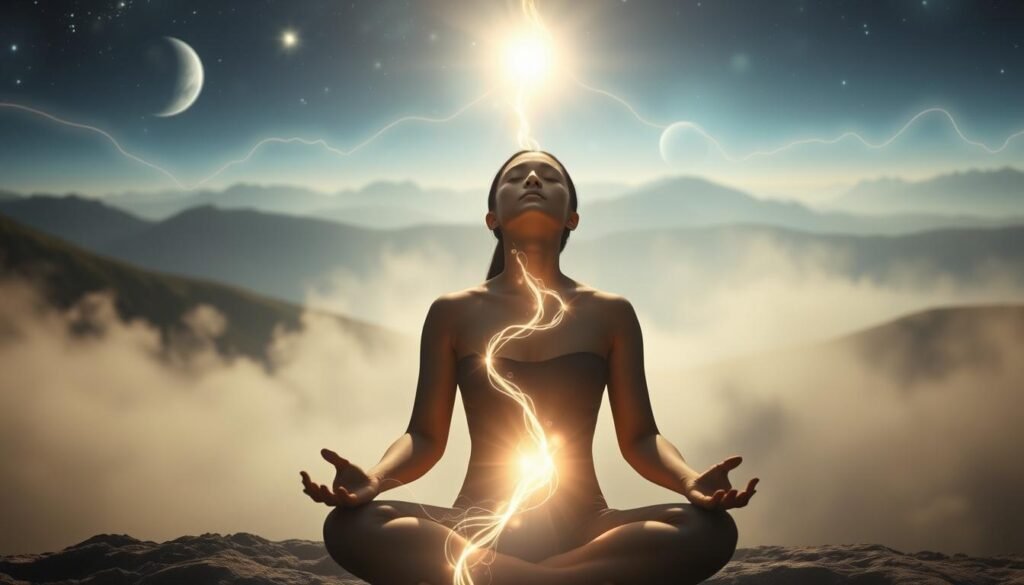A serene and ethereal scene of a spiritual cord cutting visualization. In the foreground, a person sits in a meditative pose, their eyes closed as they focus inward. Wisps of energy emanate from their solar plexus, symbolic of the cutting of energetic ties. The middle ground features a glowing, translucent cord that connects the person to a shadowy figure, representing a past life connection. In the background, a mystical landscape unfolds, with celestial bodies and ethereal mists creating a sense of timelessness and transcendence. Soft, diffused lighting bathes the scene, imbuing it with a sense of tranquility and healing. The overall mood is one of release, introspection, and the letting go of the past to embrace a new, liberated future.
