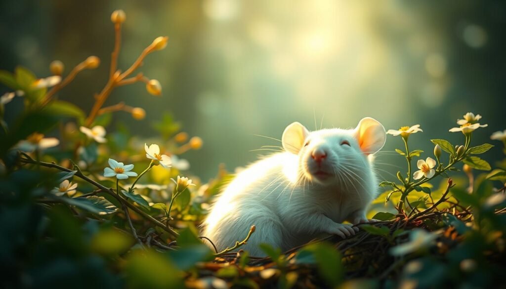 A serene and ethereal scene of a white albino rat nestled amidst a lush, verdant landscape. Soft, warm lighting bathes the rodent in an angelic glow, its fur shimmering with an almost translucent quality. Delicate flowers and vines twine around the rat, creating a sense of harmony and healing. In the background, a mist-shrouded forest canopy suggests a liminal, dreamlike realm. The rat's eyes are closed, conveying a state of deep, meditative calm - a symbol of purity, introspection, and the potential for personal growth. The overall composition evokes a sense of tranquility, rejuvenation, and the divine wisdom that can be gleaned from the natural world.