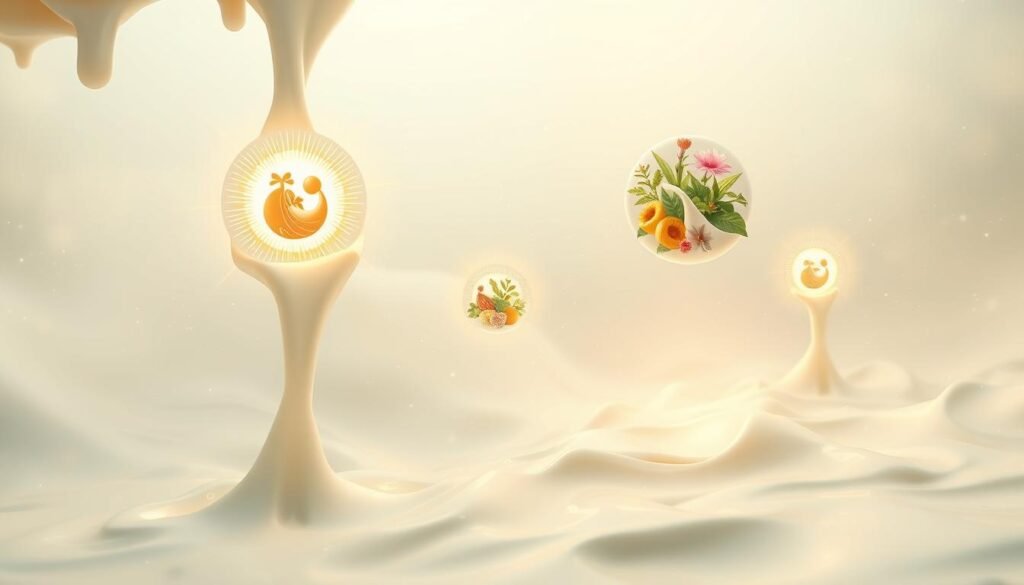 A serene and luminous scene of milk-inspired prosperity symbols floating in a dreamlike realm. In the foreground, a cascade of milk droplets coalesces into radiant spheres, each imbued with symbols of abundance and growth - overflowing cornucopias, blooming flowers, and lush foliage. The middle ground features abstract, swirling patterns of cream and milk, evoking a sense of nourishment and renewal. In the background, a soft, hazy light suffuses the scene, creating an atmosphere of tranquility and inner harmony. The image is captured with a wide-angle lens, emphasizing the ethereal, immersive quality of the "Milk Dream Prosperity Symbols."