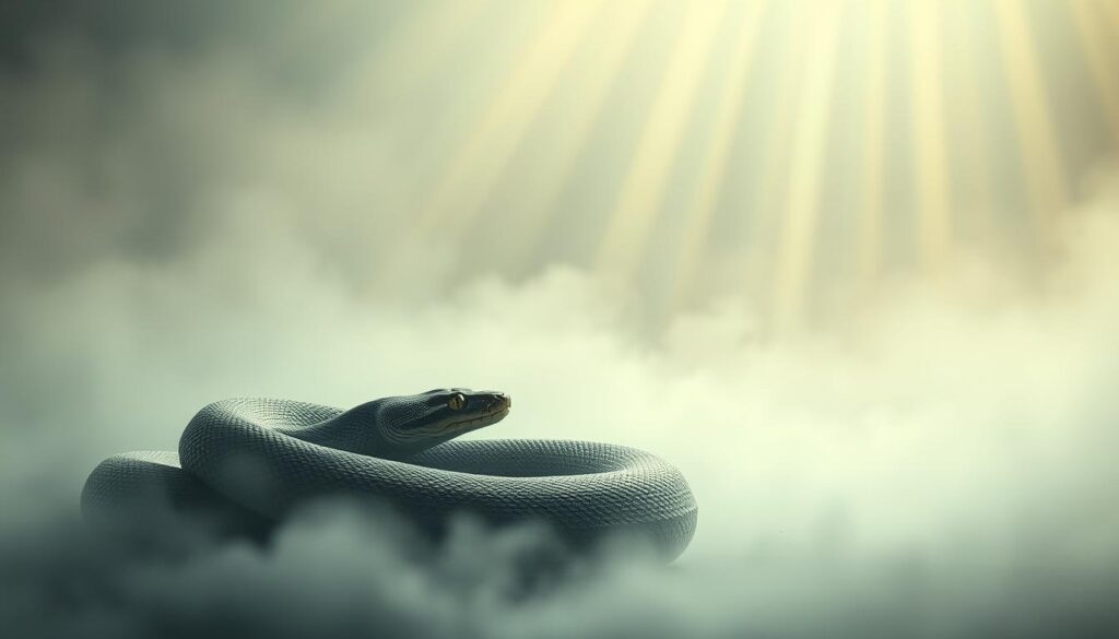 A serene and meditative scene set against a misty, ethereal backdrop. In the foreground, a large python snake coils gracefully, its scales glimmering with an otherworldly sheen. The snake's eyes are closed, its expression peaceful and contemplative, as if in a deep state of spiritual introspection. Beams of soft, diffuse light filter through the hazy atmosphere, casting a warm, mystical glow over the scene. In the distant background, subtle hints of abstract, symbolic imagery emerge, suggesting the profound and esoteric nature of the snake's spiritual journey. The overall mood is one of tranquility, wisdom, and the interconnectedness of all things.