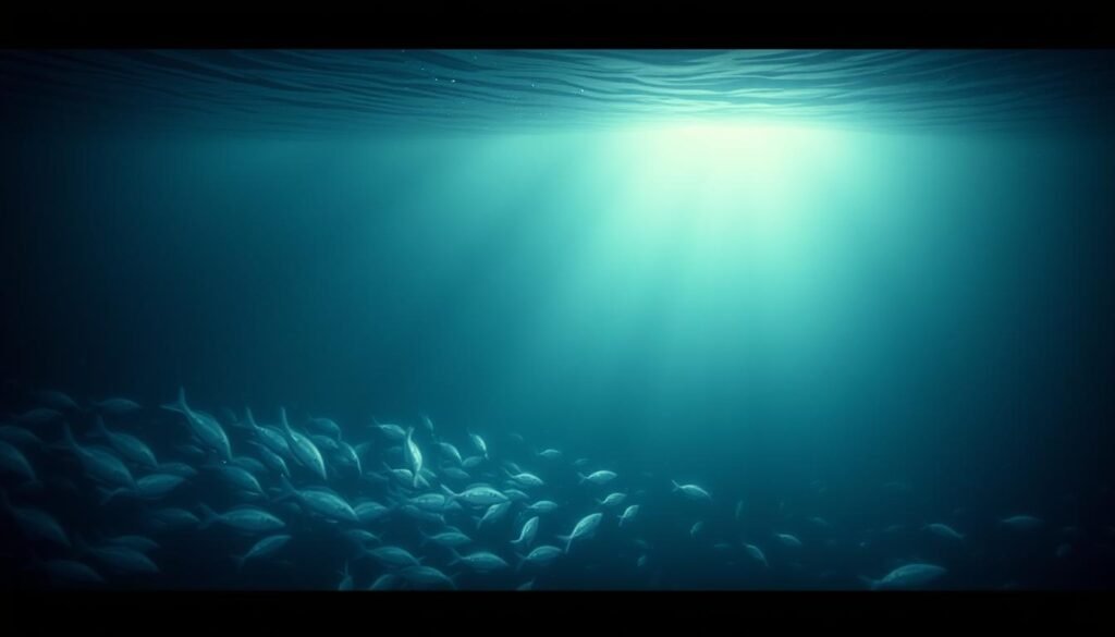 A serene and mysterious underwater seascape, with shimmering rays of light filtering through the depths. In the foreground, a school of ethereal, bioluminescent creatures dance, their ethereal glow casting a otherworldly aura. The mid-ground reveals an expanse of dark, indistinct shadows, hinting at the unknowable, emotional depths that lie below. In the distance, a faint silhouette of a massive, ancient creature emerges from the gloom, symbolic of the profound, primal emotions that dwell within the ocean's embrace. The scene is bathed in a cool, moody palette, creating a sense of tranquil introspection and the exploration of the subconscious.