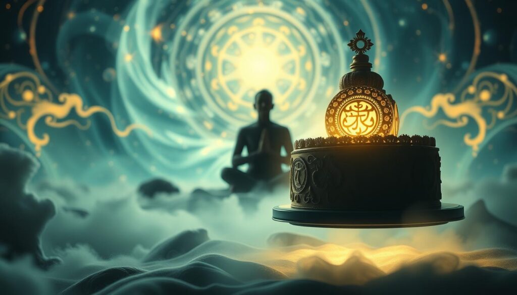 A serene and mystical dream landscape, with a richly detailed cake levitating in the foreground. The cake is adorned with intricate spiritual symbols, glowing ethereal light emanating from within. In the middle ground, a figure sits in a meditative pose, their face obscured in shadow, deep in contemplation. The background is a swirling, dreamlike expanse of celestial patterns and cosmic energy, creating a sense of transcendent, otherworldly atmosphere. Soft, dramatic lighting illuminates the scene, casting an aura of tranquility and illumination. Captured with a wide-angle lens to emphasize the grand, expansive nature of the spiritual experience.