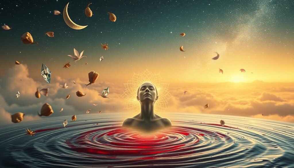 A serene and mystical dreamscape filled with symbolic elements. In the foreground, a glowing, ethereal figure emerges from a swirling pool of blood, their face in a state of deep contemplation. Surrounding them, floating crystals, crescent moons, and delicate flower petals create a captivating aura. In the middle ground, abstract shapes and patterns reminiscent of mandala designs dance across the sky, bathed in warm, golden light. In the background, a vast, starry expanse stretches out, hinting at the boundless nature of the spiritual realm. The overall mood is one of tranquility, introspection, and the transformative power of the subconscious.