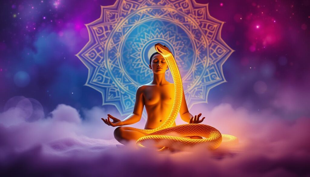 A serene and mystical scene of Kundalini energy awakening. In the foreground, a glowing golden serpent coils around a meditating figure, its eyes closed in deep contemplation. Vibrant shades of purple, blue, and orange suffuse the atmosphere, creating an aura of spiritual enlightenment. Intricate mandala patterns dance in the background, radiating a sense of cosmic harmony. Soft, diffused lighting casts a warm, ethereal glow, accentuating the transcendent nature of the experience. The composition is balanced, with the serpent and the figure occupying the central focus, surrounded by an ethereal, dreamlike landscape.
