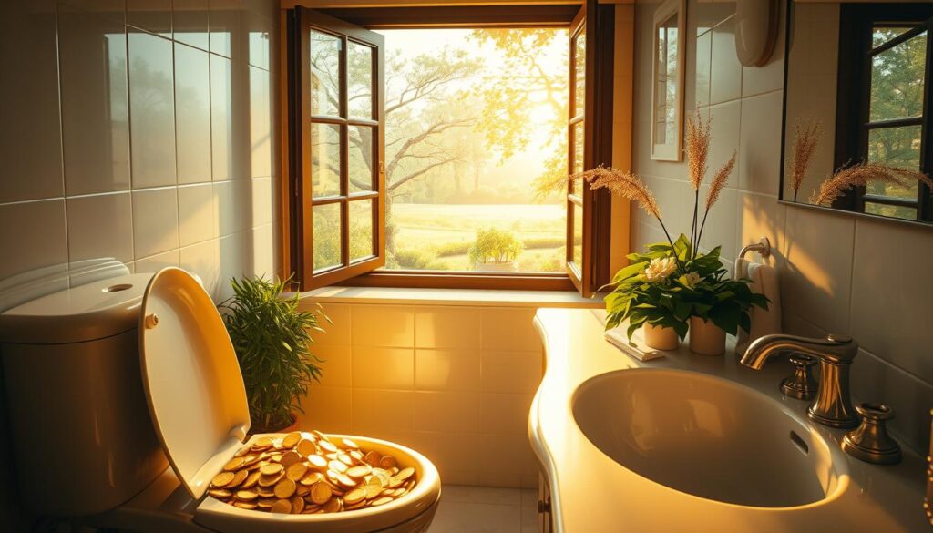 A serene bathroom scene bathed in warm, golden light. In the foreground, a toilet overflows with shimmering gold coins, symbolizing financial abundance. The sink countertop is adorned with lush greenery and glittering jewelry, further emphasizing the idea of prosperity. Through the open window, a tranquil garden landscape is visible, creating a sense of harmony and balance. The overall mood is one of dreamlike opulence, inviting the viewer to contemplate the deeper connection between bathroom-related dreams and financial success.