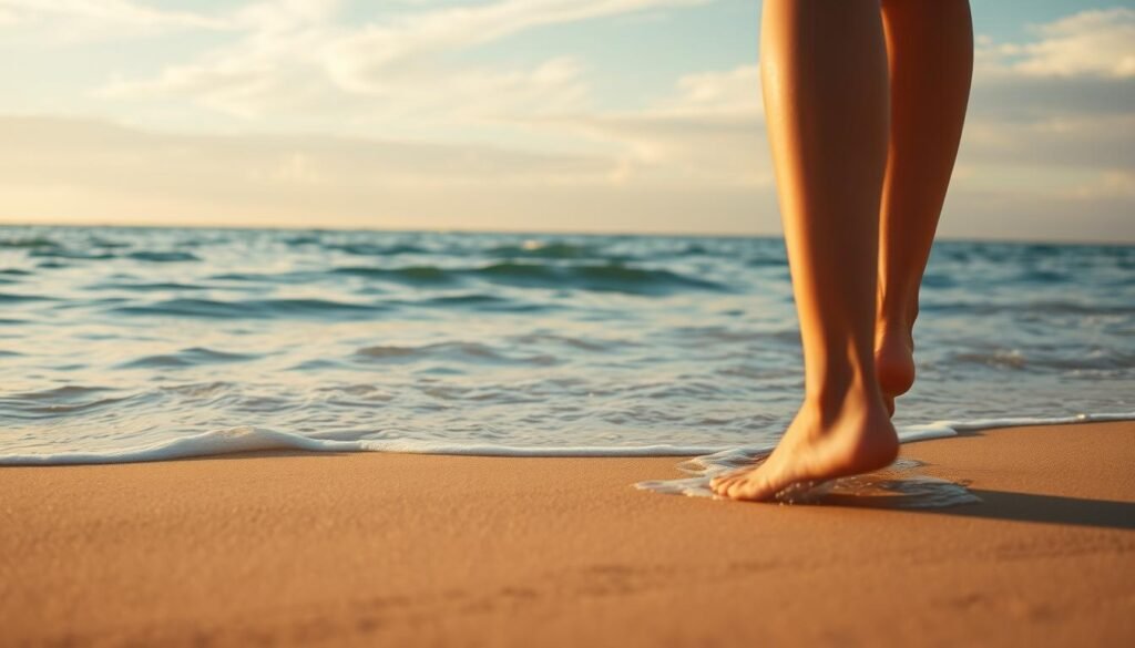 A serene beach scene at golden hour, the shoreline bathed in warm, soft light. In the foreground, a pair of bare feet dip into the lapping waves, the sand smooth and inviting. The middle ground reveals a vast expanse of ocean, the horizon line hazy and undefined, hinting at the unknown depths and hidden emotions. In the background, wispy clouds drift across an ethereal sky, creating a dreamlike atmosphere. The entire scene evokes a sense of introspection and the allure of the subconscious, as if the ocean's siren call beckons the viewer to explore the depths of their own inner world.
