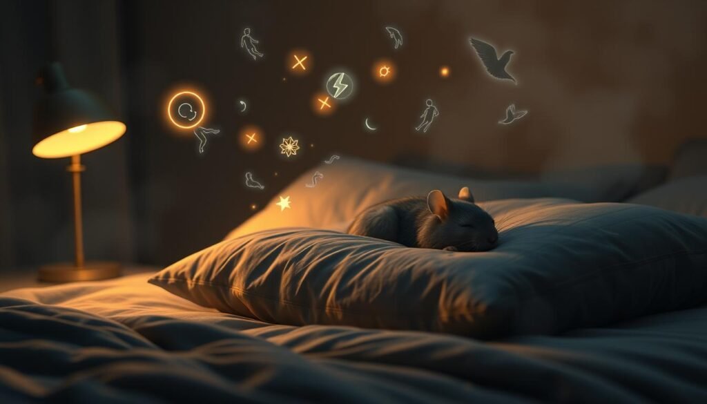 A serene bedroom scene at night, with a sleeping mouse curled up on a plush pillow, dreaming of glowing symbols and ethereal figures dancing around it. Soft, warm lighting from a bedside lamp casts a comforting glow, while wispy, translucent energy forms representing interpersonal connections emanate from the sleeping mouse. The background is a muted, atmospheric palette, with hints of shadow and mist to evoke a sense of the subconscious. The overall mood is one of introspection, intuition, and the hidden messages that our dreams can hold about our personal relationships.