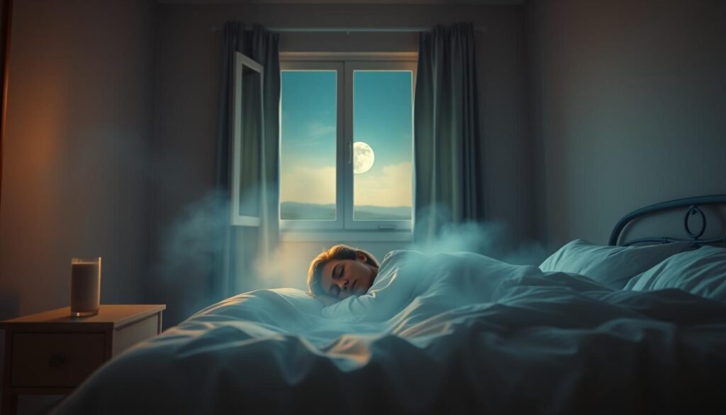 A serene bedroom scene bathed in soft, warm lighting. In the foreground, a person rests peacefully in bed, enveloped in a dreamlike aura. Behind them, a nightstand holds a glass of milk, symbolizing the power of nourishing dreams to influence personal growth. In the middle ground, an open window reveals a tranquil moonlit landscape, hinting at the connection between the subconscious and the natural world. The overall atmosphere is one of introspection, rejuvenation, and the transformative potential of the mind's inner workings.