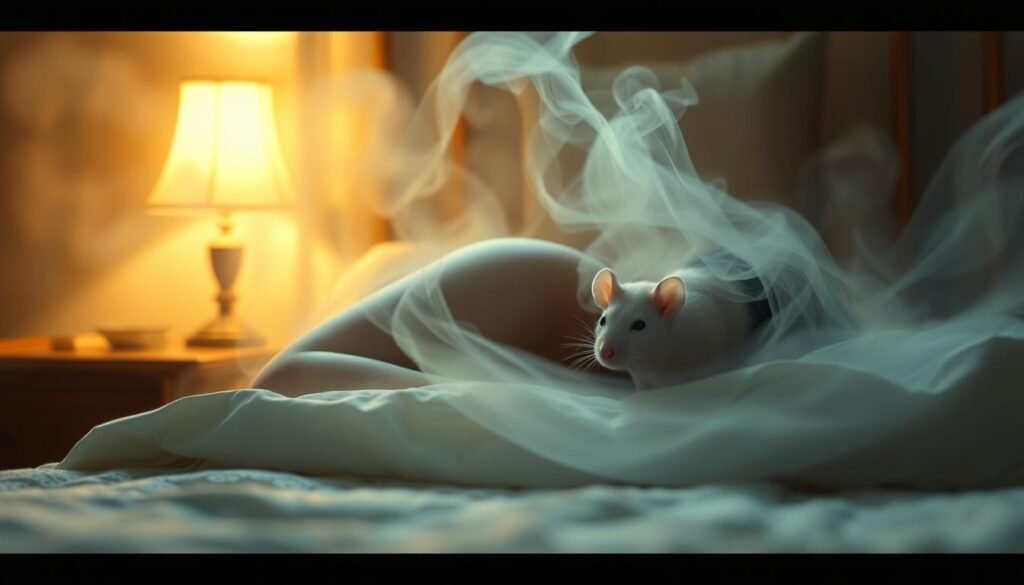A serene bedroom scene, softly lit by a warm glow from a bedside lamp. At the center, a sleeping figure rests peacefully, surrounded by wispy tendrils of ethereal mist. Nestled in the mist, a white rat emerges, its whiskers twitching as it observes the sleeper intently. The rat's eyes glimmer with an enigmatic intelligence, hinting at the profound significance of its presence in this dream landscape. The background fades into a hazy, dreamlike quality, underscoring the liminal, subconscious nature of the scene. Subtle details, such as the delicate lace of the bedsheets and the gentle sway of unseen currents, lend an air of tranquility and introspection to the composition.