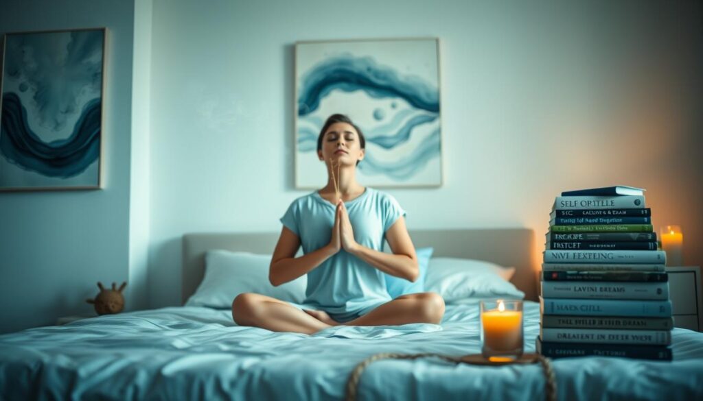 A serene bedroom setting with soft, diffused lighting. In the foreground, a person sits cross-legged on the bed, eyes closed, practicing deep breathing techniques. Wisps of calming incense drift in the air. The middle ground features soothing, abstract wall art depicting natural motifs like flowing water or swirling clouds, providing a sense of tranquility. The background showcases a nightstand with a flickering candle, a cup of herbal tea, and a stack of self-help books on sleep and dream interpretation. The overall atmosphere is one of introspection, self-care, and the gentle processing of unsettling dream experiences.