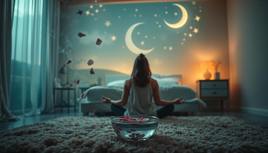 A serene bedroom with a soft, warm glow. In the foreground, a person meditating on a plush rug, surrounded by floating crystals and sage smoke. In the middle ground, a nightstand holds a small bowl of water with floating flower petals, representing the cleansing of the mind and spirit. The background depicts a lush, dreamlike landscape with a crescent moon and glimmering stars, conveying a sense of tranquility and inner peace. The lighting is soft and diffused, creating a calming, introspective atmosphere.