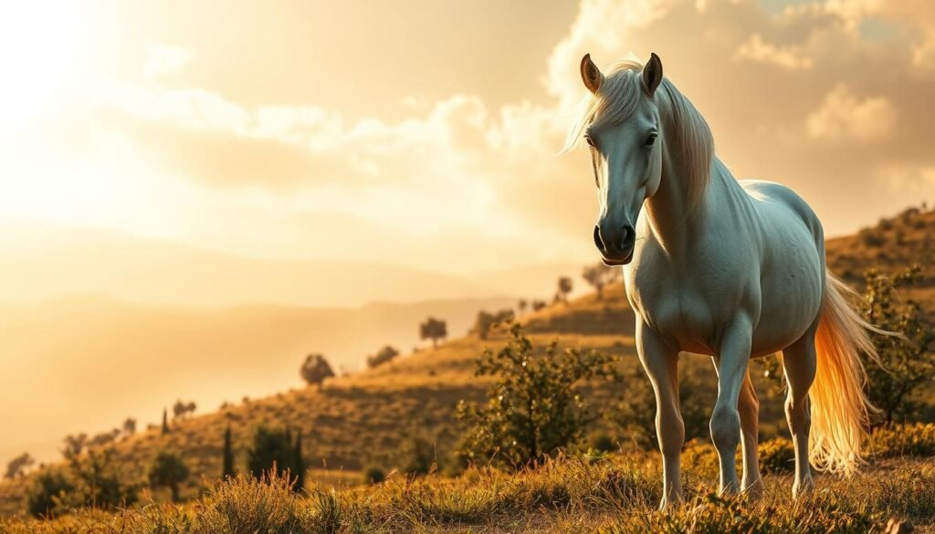 A serene, biblical landscape with a majestic white horse standing in the foreground. The horse's mane and tail flow gracefully in a gentle breeze, evoking a sense of divine presence. In the middle ground, a lush, rolling hillside dotted with olive trees and vines. The background features a hazy, golden sky with soft, wispy clouds, creating an ethereal, heavenly atmosphere. The lighting is soft and diffused, casting a warm, reverent glow over the entire scene. The camera angle is slightly elevated, allowing the viewer to witness the symbolic power and significance of the white horse, a representation of divine vision and prophetic warning in biblical dreams.