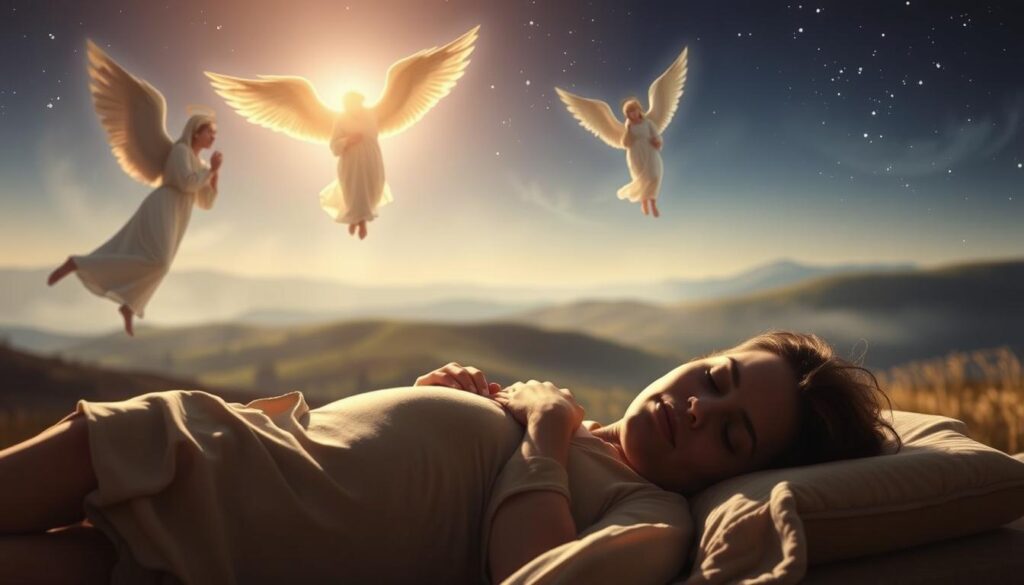 A serene biblical scene unfolds, bathed in soft celestial light. In the foreground, a pregnant woman lies sleeping, her face tranquil. Above her, angelic figures hover, their wings outstretched in a protective embrace. In the middle ground, wisps of ethereal mist swirl, hinting at the divine presence. The background is a peaceful, dreamlike landscape, with rolling hills and a starry night sky. The overall mood is one of mysticism and reverence, capturing the profound spiritual significance of the biblical birth dream.
