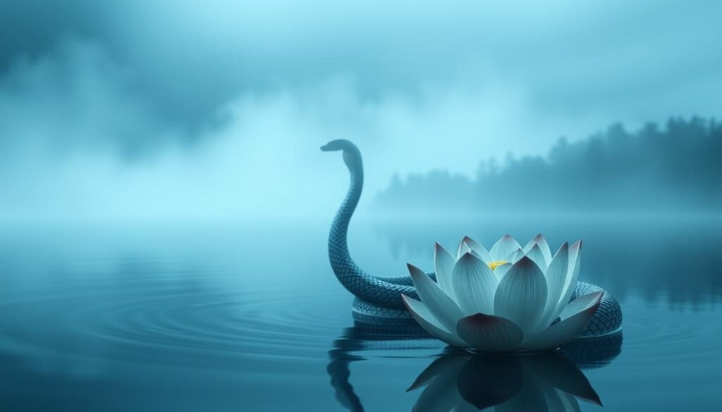 A serene blue-hued landscape, with a coiled snake emerging from a pool of tranquil water. The snake's scales shimmer with an ethereal glow, symbolizing its connection to the subconscious and healing powers. In the foreground, a delicate lotus flower floats, its petals unfurling towards the sky. Soft, diffused lighting illuminates the scene, creating a dreamlike atmosphere. In the background, a hazy, mist-shrouded forest serves as a backdrop, hinting at the mysterious depths from which the snake has emerged. The overall composition conveys a sense of introspection, renewal, and the transformative power of the subconscious.