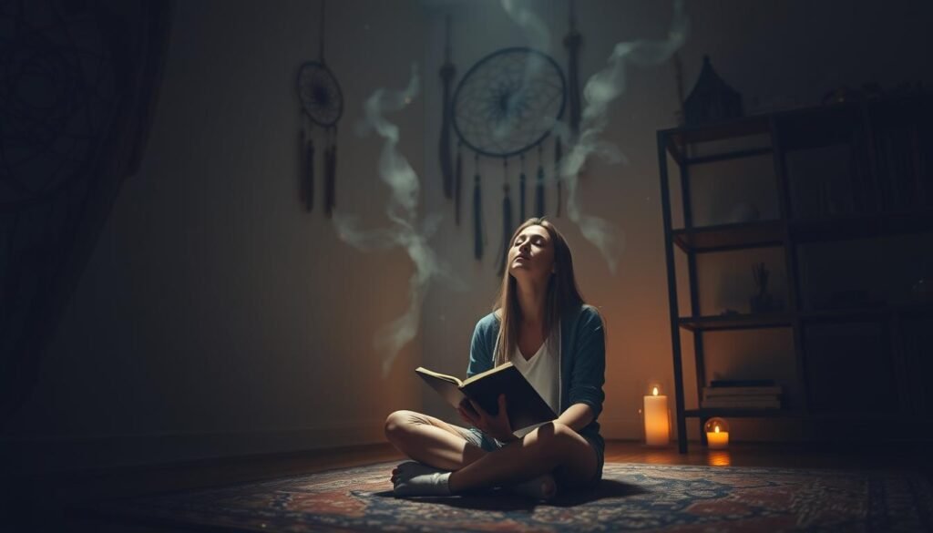 A serene, contemplative atmosphere pervades the scene. In the foreground, a person sits cross-legged, eyes closed, hand gently resting on a open journal. Intricate dreamcatcher motifs adorn the walls, casting soft shadows. Dim, warm lighting bathes the room, evoking a sense of introspection. Floating around the figure, hazy glyphs and symbols represent the abstract structures of the subconscious mind. In the background, shelves hold an array of crystal orbs, smudge sticks, and other tools of the dream analysis trade. The overall mood is one of quiet focus, blending modern spirituality with ancient practices of self-exploration through the medium of dreams.