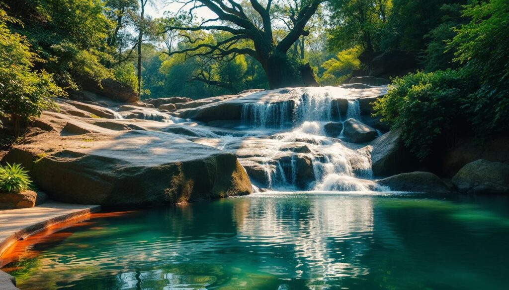 A serene, crystal-clear waterfall cascades amidst a lush, verdant forest. The water flows effortlessly over smooth, sun-dappled rocks, creating a mesmerizing, shimmering display. Warm, diffused natural lighting illuminates the scene, casting a dreamlike, tranquil atmosphere. In the foreground, a small pool of tranquil water reflects the waterfall and surrounding greenery, creating a sense of depth and mirrored symmetry. The middle ground features a gently curving path leading towards the waterfall, inviting the viewer to explore this peaceful, contemplative oasis. The background is filled with towering, ancient trees and a hazy blue sky, conveying a feeling of timelessness and harmony with nature.