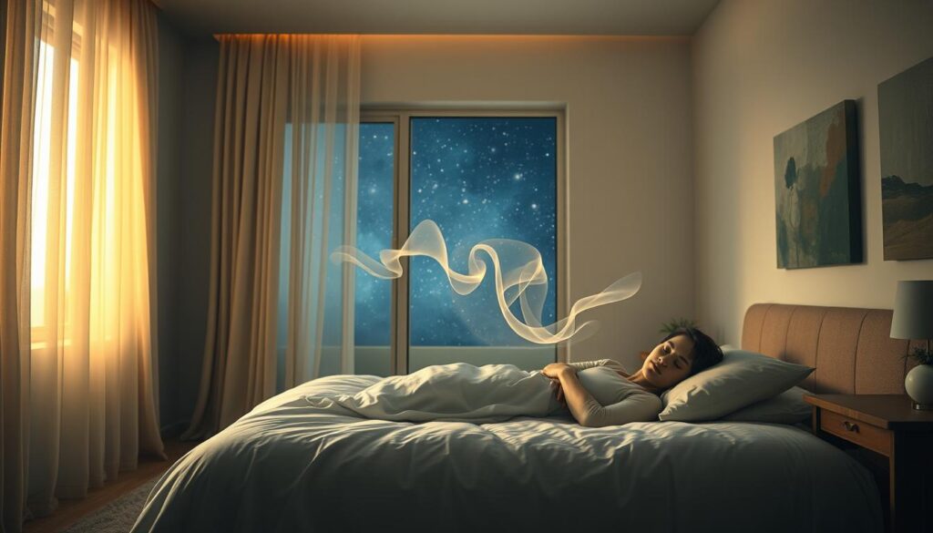 A serene, dimly lit bedroom with a large, inviting bed and a nightstand. Soft, golden light filters through sheer curtains, casting a warm glow. In the foreground, a person rests peacefully, their face expressing a sense of tranquility and healing. Wispy, pastel-colored dream wisps emanate from their sleeping form, drifting upwards towards the ceiling. The walls are adorned with abstract, impressionistic paintings in soothing hues, suggesting a therapeutic environment. An open window in the background reveals a night sky filled with stars, symbolizing the subconscious realm of dreams. This scene conveys the restorative power of dream therapy, where emotional healing and personal transformation can unfold.