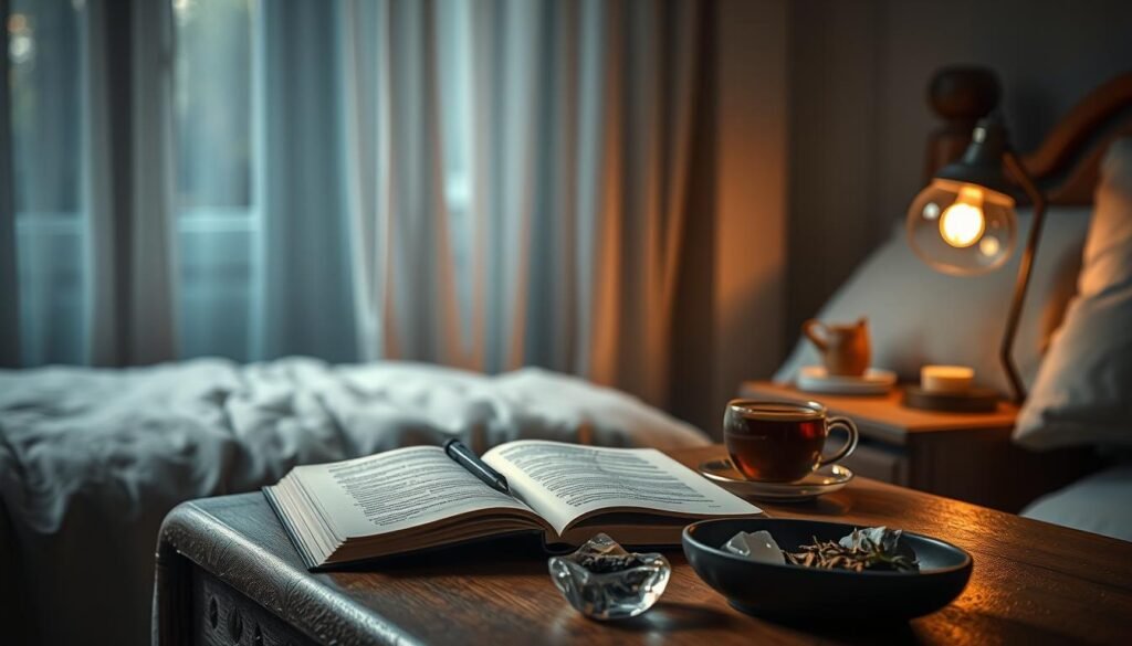 A serene, dimly lit bedroom with soft, warm lighting. On a wooden nightstand, an open journal lies next to a pen, a cup of tea, and a small lamp casting a gentle glow. Wispy curtains billow in a soft breeze, hinting at the dream realm beyond. In the foreground, soothing crystals and a small bowl of fragrant herbs evoke a sense of introspection and emotional processing. The overall atmosphere is one of tranquility, inviting the viewer to embark on a journey of self-discovery through the power of dream journaling.