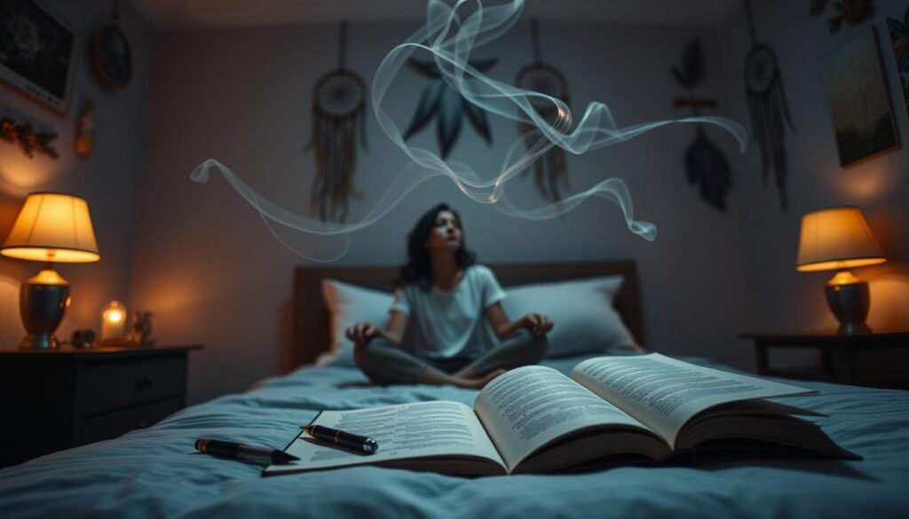 A serene, dimly lit bedroom with soft, warm lighting. On the nightstand, an open journal with a pen resting next to it, symbolizing the practice of dream journaling. In the foreground, a person sitting cross-legged on the bed, eyes closed, deep in contemplation, surrounded by wispy dream-like tendrils. The walls are adorned with dreamcatchers and soothing nature imagery, creating a calming, introspective atmosphere. The overall scene evokes a sense of introspection, personal growth, and the exploration of one's subconscious through the lens of dream journaling.