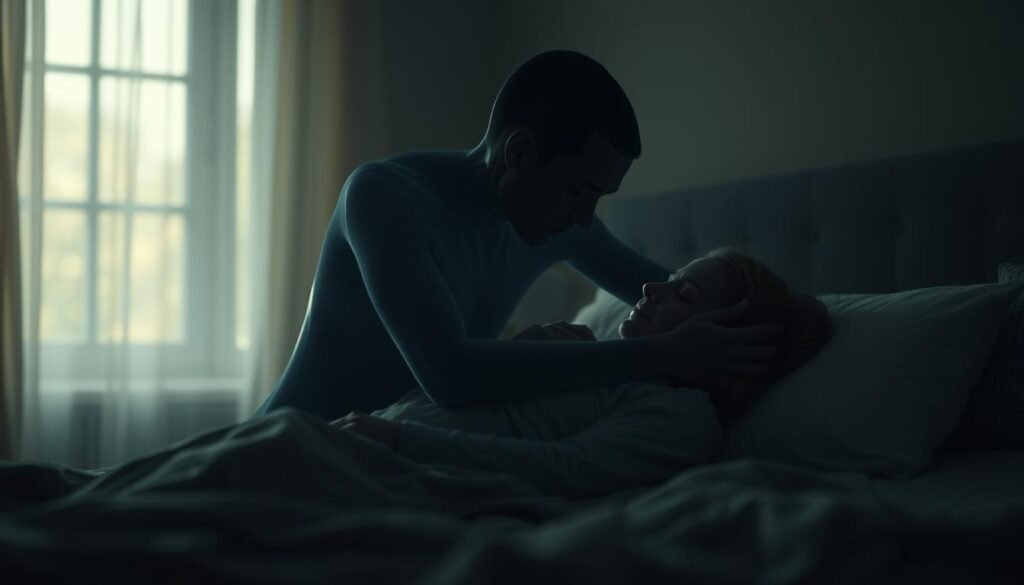 A serene, dimly lit bedroom. In the foreground, the transparent figure of a deceased loved one embraces the sleeping form of a dreaming person, their faces drawn together in a tender, comforting embrace. Soft, muted light filters in through a window, casting a warm, ethereal glow. The background is blurred, creating a sense of intimacy and focus on the central figures. The dreaming person's expression is one of peace and solace, as if finding closure and comfort in this encounter with their departed loved one. The overall atmosphere is one of solace, healing, and the transcendence of physical boundaries.