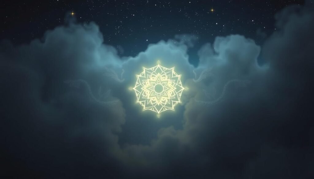 A serene, dimly lit dream realm, shrouded in a hazy, ethereal glow. In the foreground, a glowing, mandala-like symbol hovers, emanating protective energy. Surrounding it, wispy, semi-transparent spirit guides in various forms - animal, humanoid, and abstract - encircle and safeguard the symbol, shielding the viewer's dream space from unwanted intrusion. In the background, a starry, night sky backdrop with intermittent bursts of celestial light, creating an atmosphere of mysticism and tranquility. The overall composition radiates a sense of spiritual security and harmony, conveying the idea of effective dream protection techniques.