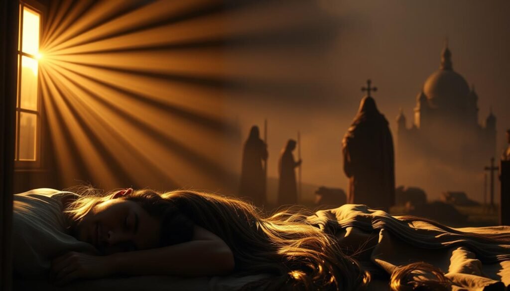 A serene, dimly lit interior scene. In the foreground, a figure lies asleep, their long, flowing hair cascading over the bed. Ethereal beams of golden light filter through a window, casting a warm glow on the sleeping person's face. In the middle ground, shadowy, biblical-era figures emerge from the darkness, their own long locks swaying with a divine energy. In the background, a hazy, dreamlike landscape unfolds, filled with symbolic imagery of the Bible - scrolls, religious icons, and the faint outlines of towering cathedrals. The overall atmosphere is one of mysticism, prophecy, and the supernatural intersection of the physical and spiritual realms.