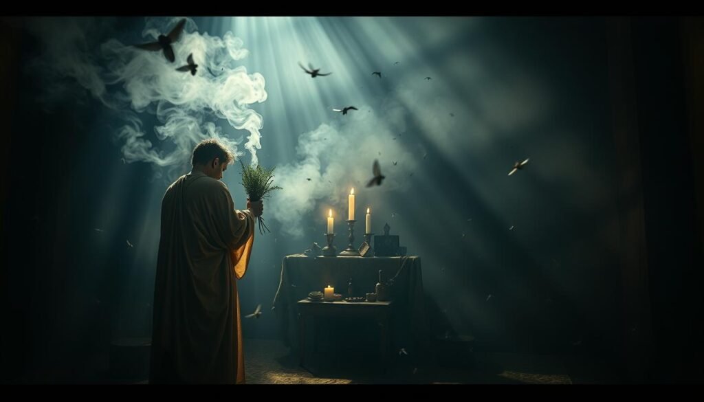 A serene, dimly lit ritual chamber. In the foreground, a figures stands, enveloped in a flowing, shimmering robe, performing a ritual cleansing with a bundle of fragrant herbs. Swirling clouds of incense fill the air, casting a warm, hazy glow. In the middle ground, a small altar adorned with candles, crystals, and other sacred objects. Flies swarm around the altar, a symbol of spiritual transformation and the cycle of life and death. In the background, shadows dance on the walls, creating an atmosphere of mysticism and the unseen. Soft, diffused lighting from overhead casts a reverent, ethereal mood. This is a scene of profound spiritual awakening and the release of burdens.