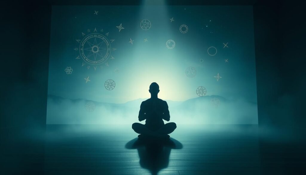 A serene, dimly lit room bathed in soft, ethereal light. In the center, a figure sits in deep meditation, hands folded in their lap, their face peaceful and focused. Floating around them, mystical symbols and arcane runes swirl and glimmer, creating a sense of otherworldly power. The background fades into a hazy, dreamlike realm, with hints of distant mountains and a night sky twinkling with stars. An atmosphere of tranquility and spiritual preparation pervades the scene, as the figure prepares to engage in a profound, cosmic battle within the realm of dreams.