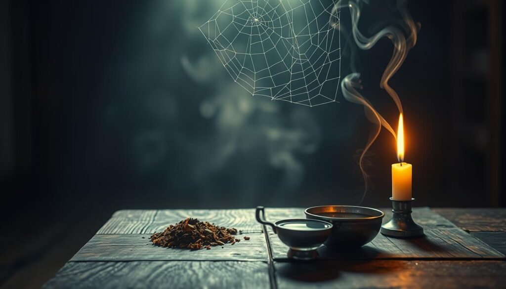A serene, dimly lit room bathed in soft, warm light. In the foreground, a weathered wooden table holds a collection of symbolic objects - a burning candle, crushed herbs, and a small pewter bowl filled with water. Above, a delicate spider's web glistens, catching the ethereal glow. In the middle ground, wisps of fragrant smoke drift upwards, curling and swirling in an unseen breeze. The background fades into a hazy, dreamlike realm, hinting at the boundless spiritual energies at work. The overall atmosphere is one of quiet contemplation, introspection, and the profound, purifying power of ritual.