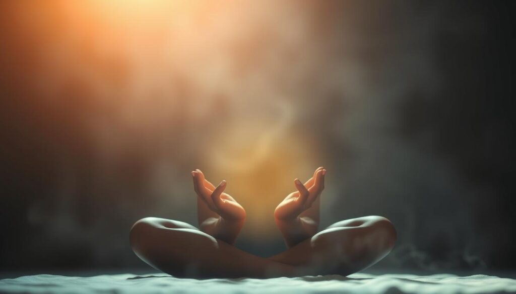 A serene, dimly lit room filled with a soft, ethereal glow. In the foreground, a person sits in a meditative pose, their hands cupped together, palms facing upwards. A soft, warm light emanates from their hands, creating a gentle healing energy that surrounds them. In the middle ground, delicate wisps of smoke or energy swirl and flow, representing the release of spiritual burdens or the cleansing of past dream-related trauma. The background is hazy, with a sense of depth and distance, suggesting a journey towards inner peace and spiritual restoration. The overall mood is one of tranquility, introspection, and the healing power of the divine.