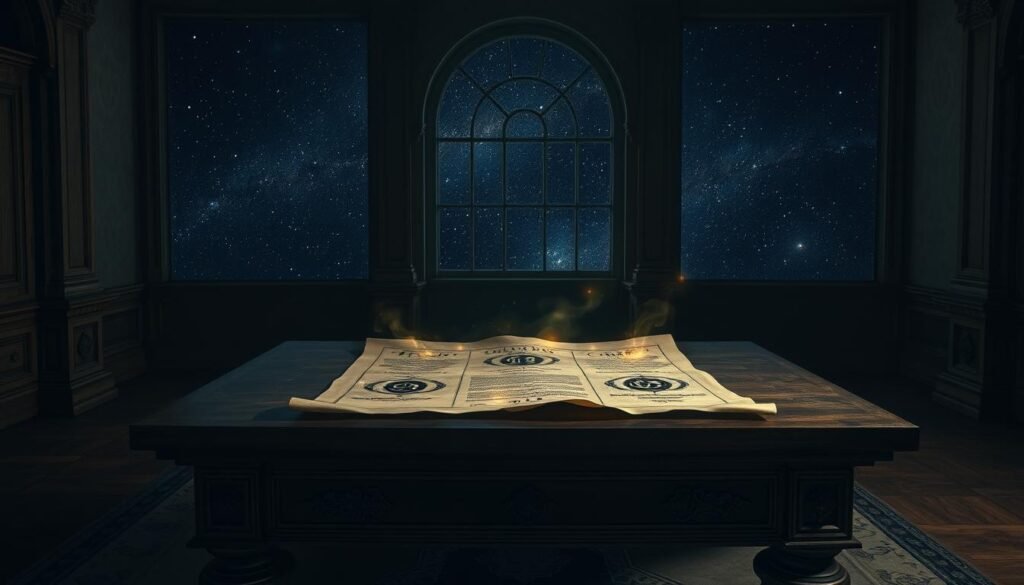 A serene, dimly lit room with a large, ornate wooden table as the focal point. On the table, a tattered parchment scroll unravels, revealing intricate symbols and mystical sigils. Glowing wisps of energy emanate from the scroll, casting a soft, ethereal light throughout the space. In the background, a vast, starry night sky is visible through a grand, arched window, hinting at the cosmic significance of the soul contract. The scene evokes a sense of ancient wisdom, deep contemplation, and the solemn weight of spiritual agreements.