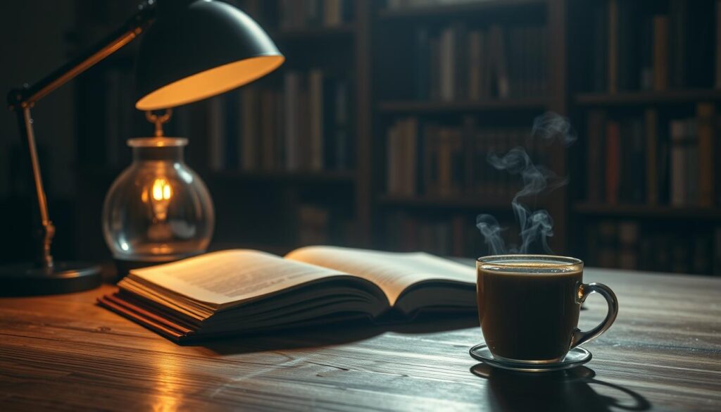 A serene, dimly lit study illuminated by the warm glow of a desk lamp, its soft light casting shadows on a wooden surface. A leather-bound book, its pages open, rests atop the desk, hinting at the depth of psychological insights within. In the foreground, a cup of aromatic tea or coffee, steam gently rising, symbolizing the contemplative nature of the space. The background features a bookshelf, its shelves filled with volumes on the subconscious, dreamwork, and the intricacies of the human mind. An air of quiet contemplation and scholarly pursuit pervades the scene, inviting the viewer to delve into the mysteries of dream psychology.