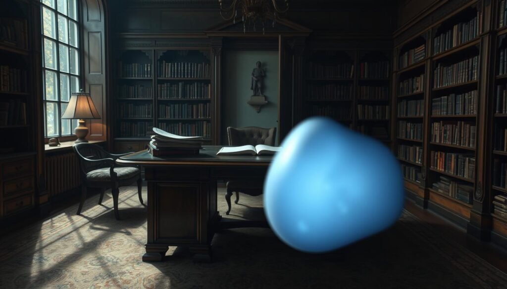 A serene, dimly lit study room with a large, ornate wooden desk. On the desk, a stack of psychology research papers and an old, leather-bound book. In the foreground, a pregnant woman's belly is depicted, glowing softly with an ethereal light. Surrounding the desk, bookshelves filled with tomes on dream analysis and the subconscious. The atmosphere is contemplative, with soft, ambient lighting casting long shadows across the room. A sense of introspection and exploration of the inner psyche pervades the scene. The camera angle is slightly elevated, creating a sense of depth and drawing the viewer's focus to the central subject.