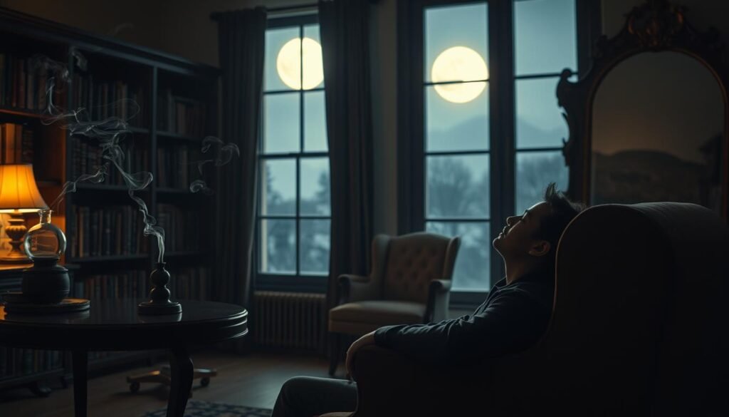 A serene, dimly lit study with a large window overlooking a moonlit landscape. In the foreground, a person sits in a plush armchair, eyes closed, lost in deep contemplation. Wisps of ethereal smoke curl from an incense burner on a side table, creating an atmosphere of introspection. The middle ground features a well-stocked bookshelf, its spines hinting at the wealth of psychological insights within. In the background, a large, antique mirror reflects the scene, as if inviting the viewer to explore the subconscious mind. The lighting is soft and atmospheric, casting gentle shadows that add depth and mystery to the composition. The overall mood is one of thoughtful analysis, guiding the viewer towards a deeper understanding of the psychological significance of recurring dreams.