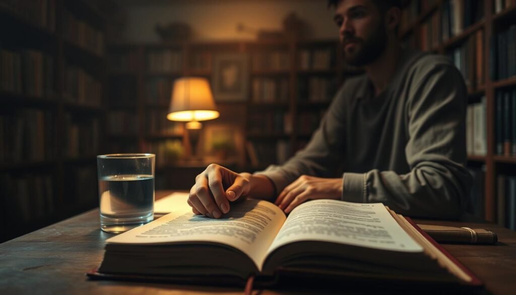 A serene, dimly lit study with bookshelves lining the walls. On a wooden desk, an open psychology journal illuminated by a soft, warm lamp, alongside a glass of water and a well-worn notebook. In the foreground, a person's hands thoughtfully tracing the pages, their face reflecting deep contemplation. The background fades into a soft, dreamlike haze, hinting at the subconscious realm of recurring dreams. An atmosphere of introspection and analysis pervades the scene, capturing the essence of "Recurring Dream Psychology Analysis".