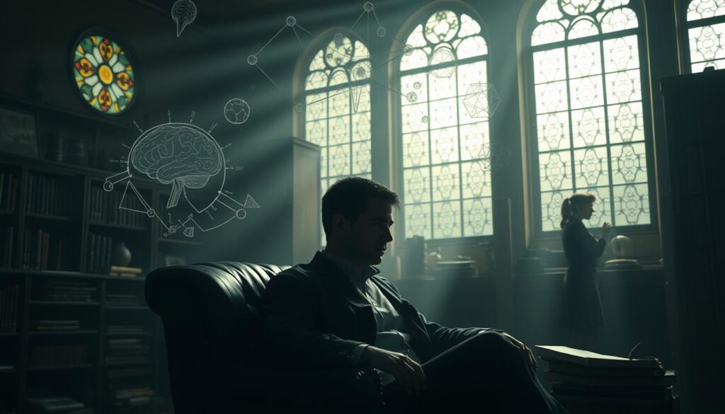 A serene, dimly-lit study with intricate psychological diagrams floating in the air, casting an analytical glow upon a contemplative figure seated in a leather armchair, their face obscured in shadow as they ponder the mysteries of the subconscious. Soft beams of light filter through stained glass windows, and the room is filled with the scent of old books and contemplation. The atmosphere evokes a sense of deep introspection and the exploration of the hidden depths of the human psyche.