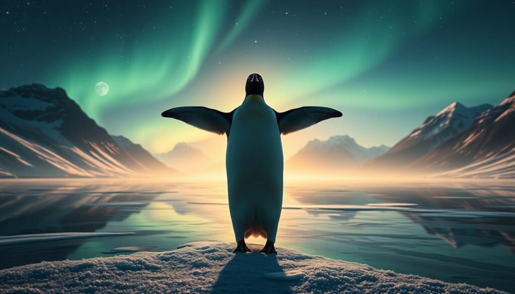 A serene dream landscape unfolds, where a majestic penguin stands in contemplation. The foreground captures the penguin's graceful silhouette, its wings outstretched as if in a symbolic embrace. The middle ground reveals a tranquil, ethereal setting - a frozen lake reflecting the starry night sky, the aurora borealis dancing overhead. In the background, towering glacial mountains loom, their peaks capped with glistening snow. The lighting is soft and dreamlike, casting a gentle, mystical glow over the entire scene. The composition evokes a sense of harmony, inviting the viewer to ponder the penguin's spiritual significance and the hidden messages it may hold.