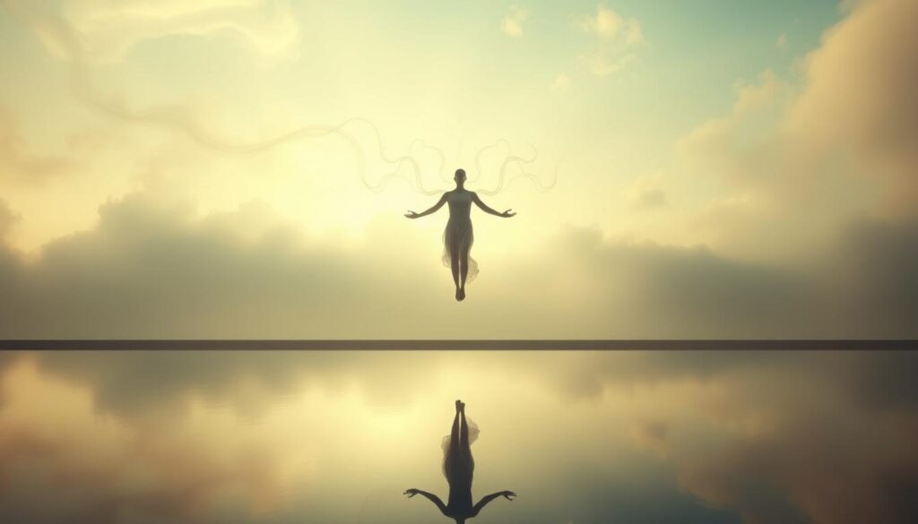 A serene dream landscape, where the physical and spiritual realms intertwine. In the foreground, a floating, ethereal figure represents the connection between the conscious and subconscious minds. Wispy, translucent tendrils emanate from the figure, symbolizing the transfer of insights and insights between the realms. The middle ground features a tranquil, reflective pool, mirroring the figure and creating a sense of duality. The background is a soft, hazy, and dreamlike environment, with gentle light filtering through wispy clouds, evoking a sense of mystery and the unknown. The overall atmosphere is one of contemplation, introspection, and the blurring of boundaries between dream and reality.