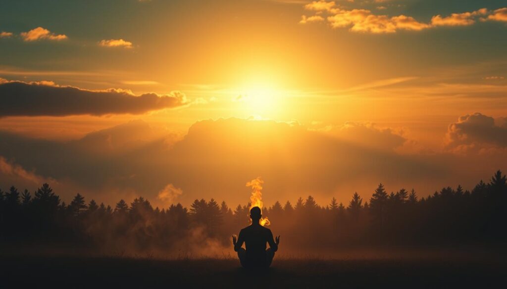 A serene dream landscape with a central figure representing personal growth. An expansive sky illuminated by a warm, golden light, casting ethereal shadows across the scene. In the foreground, a person sits in a meditative pose, their silhouette emanating a subtle glow. Wisps of smoke curl around them, symbolizing the transformative process of personal development. In the middle ground, a house fire burns with controlled intensity, its flames dancing and shifting, conveying the duality of destruction and rebirth. The background features a dreamlike forest, its trees reaching towards the sky, a metaphor for the individual's journey of self-discovery. The overall atmosphere is one of contemplation, introspection, and the profound changes that can emerge from the embers of personal challenge.