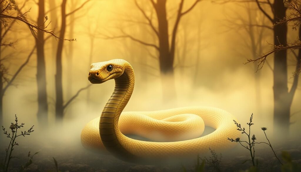 A serene dream landscape with a majestic yellow snake spirit guide emerging from the mist. The serpent's body coils gracefully, its golden scales glistening in the soft, warm lighting. The background is a hazy, ethereal forest scene, with trees and foliage in earthy green and brown tones. The snake's eyes are piercing and wise, conveying a sense of ancient wisdom and mystical guidance. The overall atmosphere is peaceful, tranquil, and deeply spiritual, inviting the viewer to connect with the snake's intuitive wisdom and intuitive powers.