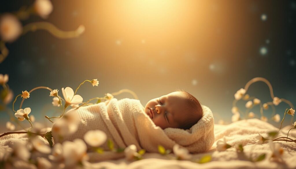 A serene dream-like scene depicting the symbolic significance of a baby girl. In the foreground, a delicate, swaddled infant rests peacefully, a soft glow radiating from her cherubic face. The middle ground features wispy, ethereal flowers and vines, suggesting the nurturing, rejuvenating essence of feminine energy. In the background, a tranquil, starry night sky provides a calming, otherworldly backdrop, evoking a sense of spiritual connection and new beginnings. The lighting is warm and diffused, creating an atmosphere of tenderness and introspection. Captured through a shallow depth of field lens, the image focuses the viewer's attention on the central symbol of the baby girl, a vessel of hope and profound personal transformation.