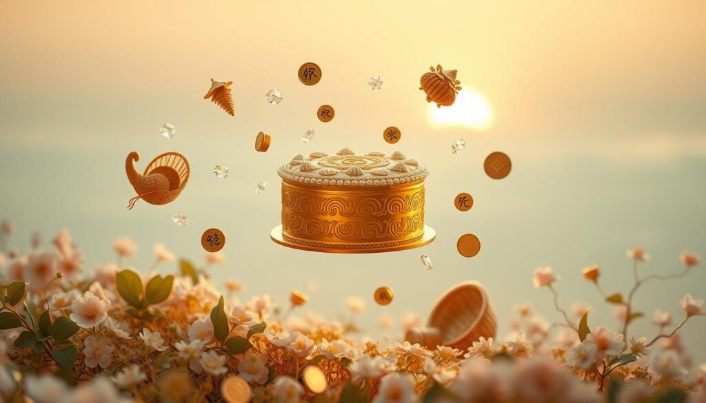 A serene, dream-like scene of prosperity symbols floating amidst a soft, ethereal landscape. In the foreground, a golden cake with intricate swirls and patterns hovers gently, its layers seemingly defying gravity. Surrounding it, an array of opulent items drift weightlessly - sparkling jewels, overflowing cornucopias, and shimmering coins. The middleground features lush, abstract flora in pastel hues, their blossoms unfurling in a tranquil breeze. In the distant background, a hazy horizon glows with a warm, golden light, creating an atmosphere of abundance and tranquility. The entire composition is bathed in a soft, diffuse lighting, lending an otherworldly, dreamlike quality to the scene.