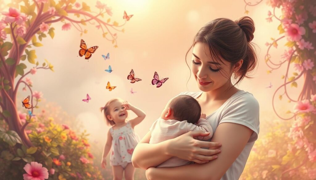 A serene, dreamlike illustration of common baby girl dream scenarios. In the foreground, a young woman lovingly cradles a newborn infant, their faces radiating warmth and tenderness. The middle ground features a playful scene of a toddler in a floral dress, giggling as she reaches for colorful butterflies. In the soft, hazy background, a lush garden with whimsical flowering vines and vibrant foliage sets a tranquil, idyllic mood. Warm, diffused lighting bathes the entire composition, creating a sense of comfort and intimacy. The overall scene evokes the wonder, joy, and deep emotional connection associated with dreams of a baby girl.