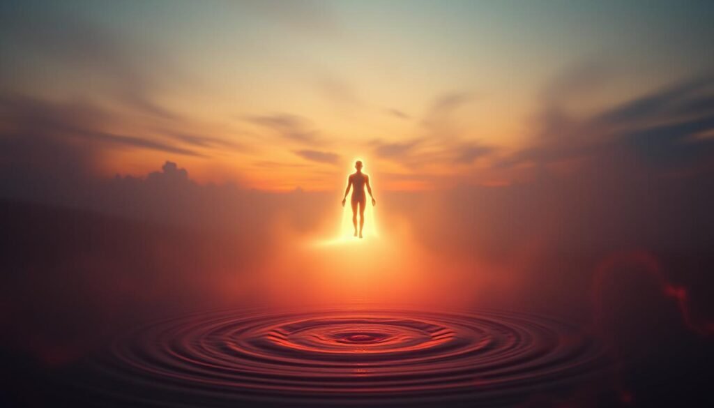 A serene, dreamlike landscape at twilight, with a glowing, ethereal figure representing spiritual growth and transformation. In the foreground, a mystical pool of blood gently ripples, symbolizing the connection between physical and metaphysical realms. Soft, diffused lighting illuminates the scene, creating a sense of tranquility and introspection. In the background, abstract shapes and patterns suggest the subconscious mind and the hidden depths of the psyche. The overall atmosphere evokes a profound sense of contemplation and the exploration of inner landscapes.