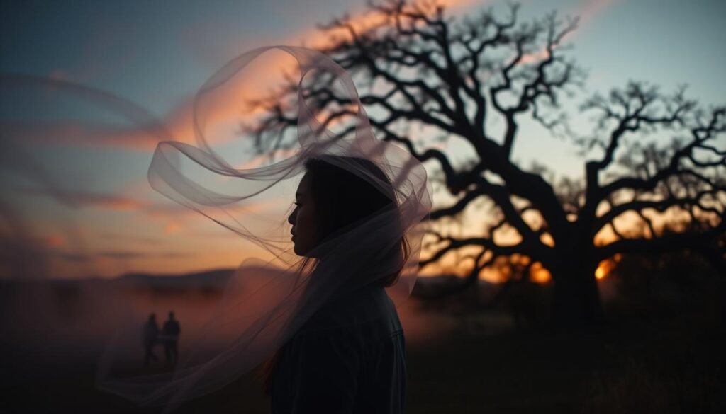 A serene, dreamlike landscape at twilight. In the foreground, a woman stands in contemplation, her face partially obscured by a veil of mist. Wispy ethereal tendrils swirl around her, hinting at the transition of personal growth. The middle ground features a distant funeral procession, its solemnity contrasted by the vibrant colors of the setting sun. In the background, a towering oak tree with gnarled branches, casting long shadows, symbolizing the process of emotional death and rebirth. Soft, diffused lighting imbues the scene with a sense of introspection and the feeling that change is on the horizon.