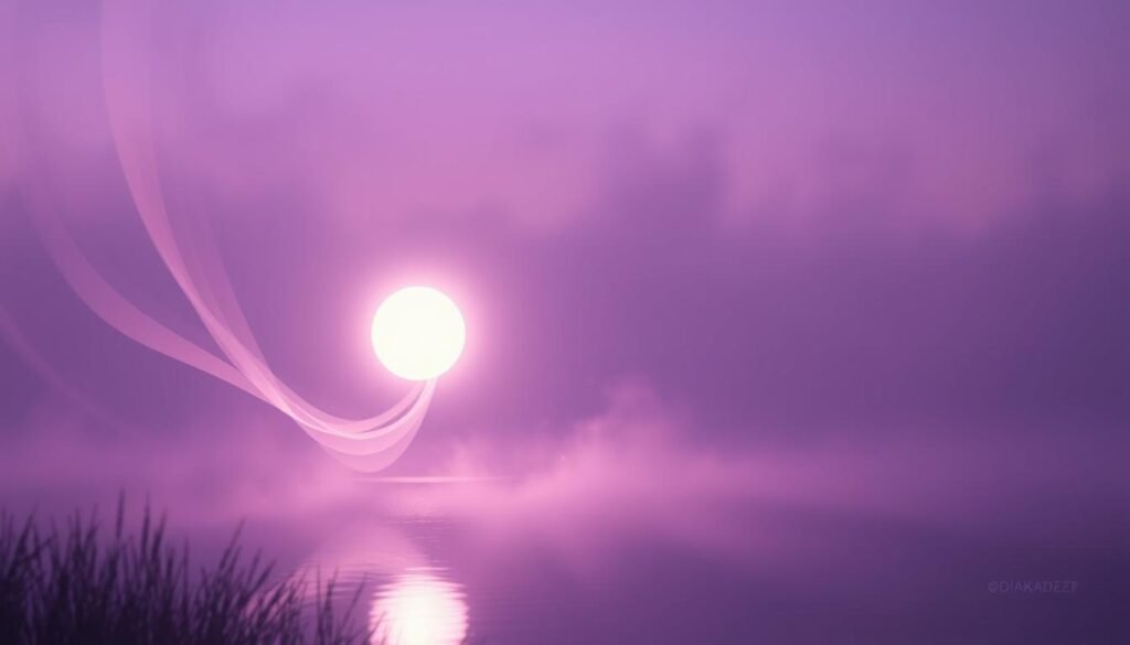 A serene, dreamlike landscape bathed in soft, ethereal purple hues. In the foreground, a mystical, glowing orb hovers, its radiance casting a warm, spiritual glow. Wispy, translucent curtains of lavender mist swirl around the orb, creating an atmosphere of enchantment. The middle ground features a tranquil lake, its still surface reflecting the gentle, amethyst-tinted sky above. The background is shrouded in a deep, velvety indigo, with wisps of lavender clouds drifting lazily across the horizon. Soft, diffused lighting from an unseen source creates a sense of otherworldly tranquility, as if this scene exists in a realm between the physical and the metaphysical.